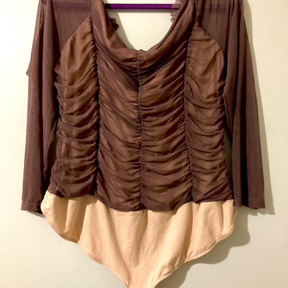 COPY - Sexy ruched sheer bodysuit with cream stretchy lining